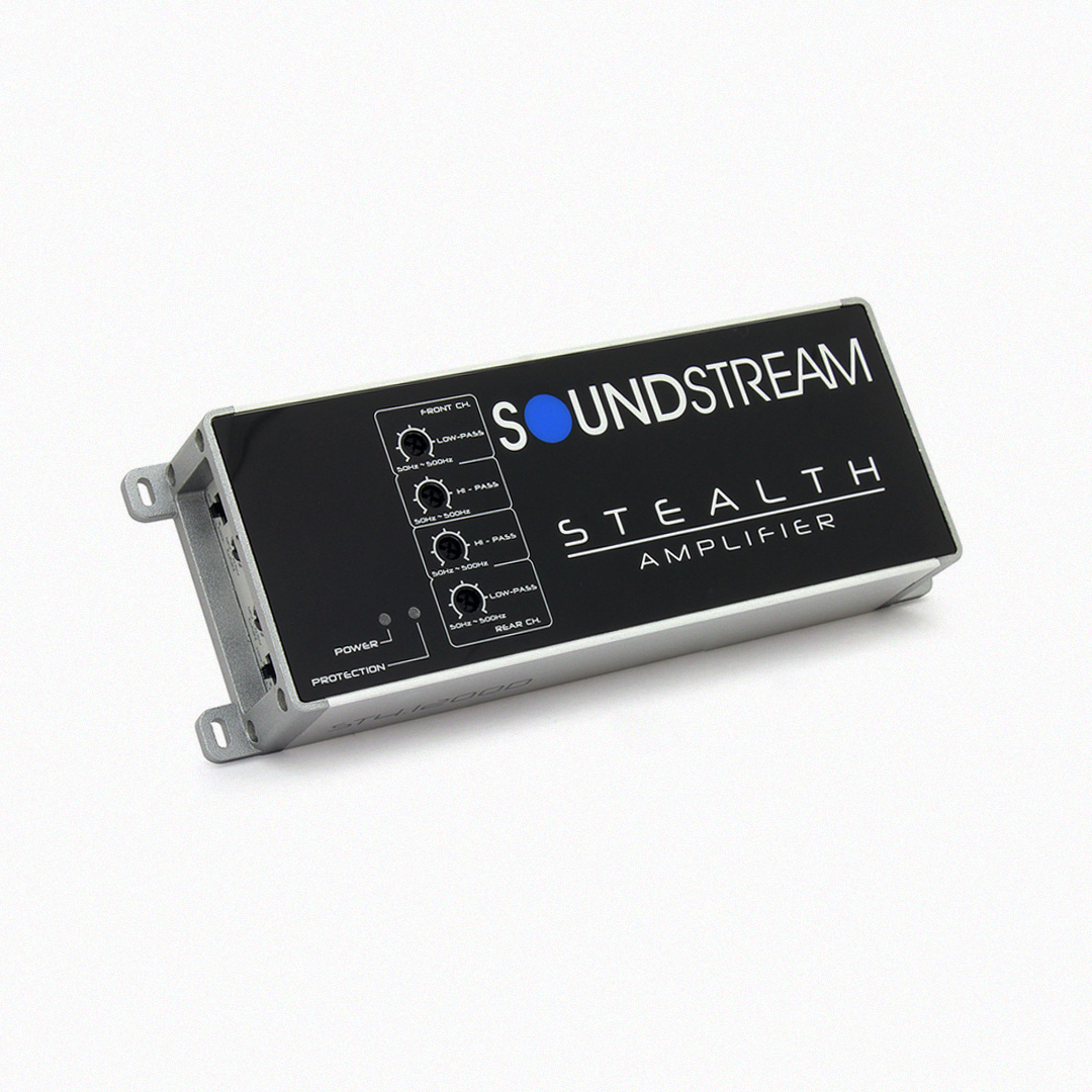 Top view of Soundstream Stealth amplifier with logo and design details