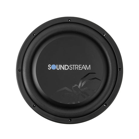 Black Soundstream car audio subwoofer with logo on a dark speaker grille