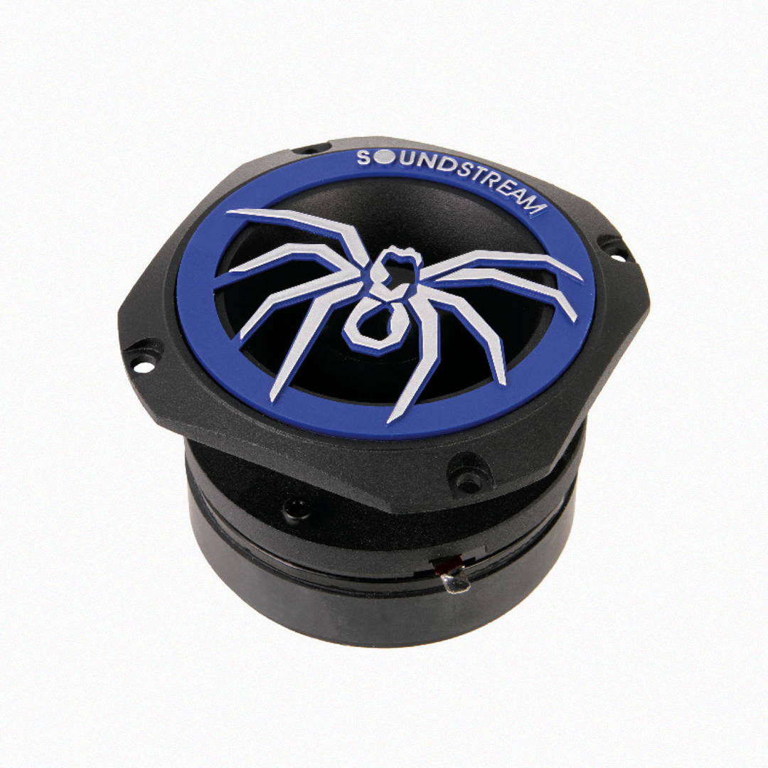 Soundstream tweeter with blue spider design on top view