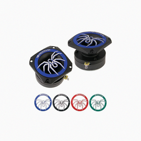 Collection of Soundstream tweeters with blue spider designs