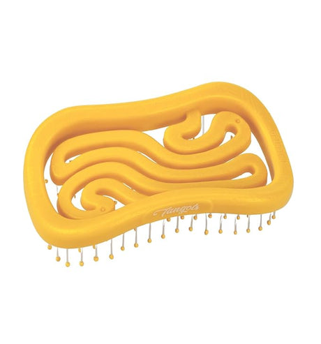 Yellow hairbrush with unique loop design branded 'Tangos'