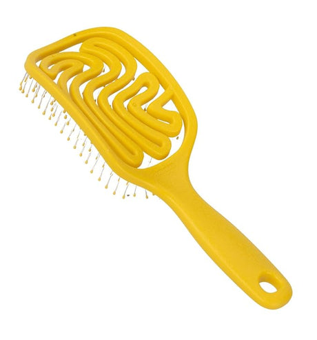 Compact yellow hairbrush with unique swirl design