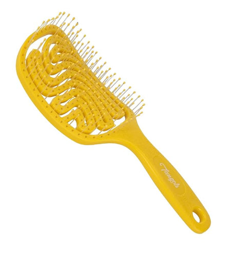 Bright yellow handled hairbrush with ergonomic design